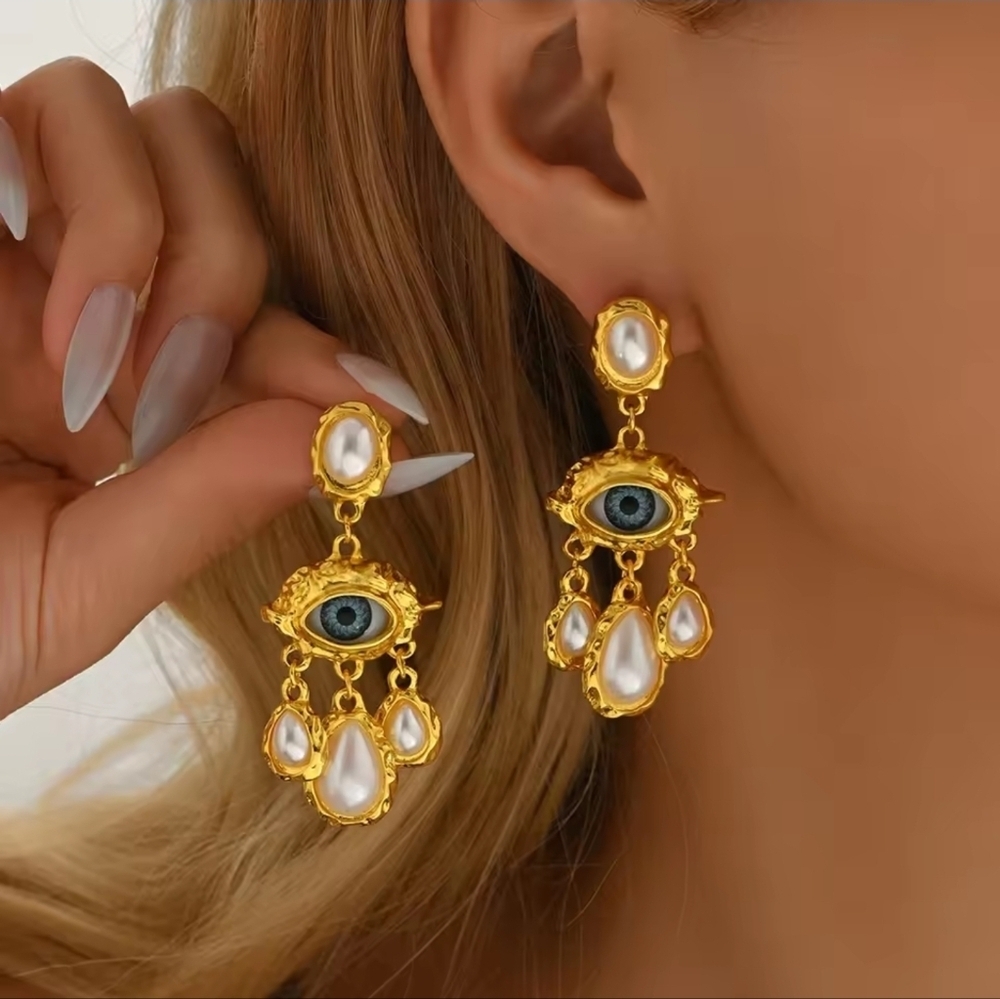 Gold-Tone Evil Eye Drop Earrings with Pearl Accents